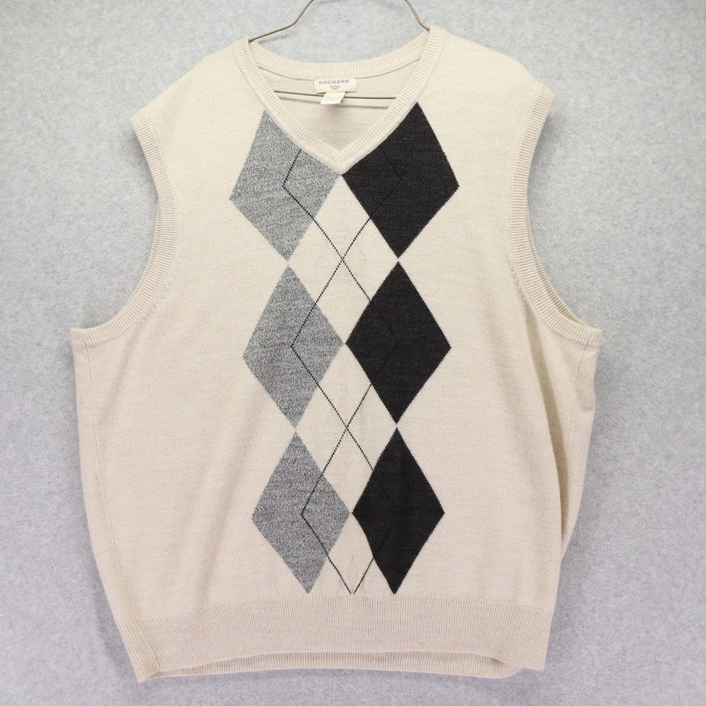 Dockers Sweater Vest Mens 2XL XXL V-Neck Knit Oatmeal‎ Argyle/Diamond Sleeveless